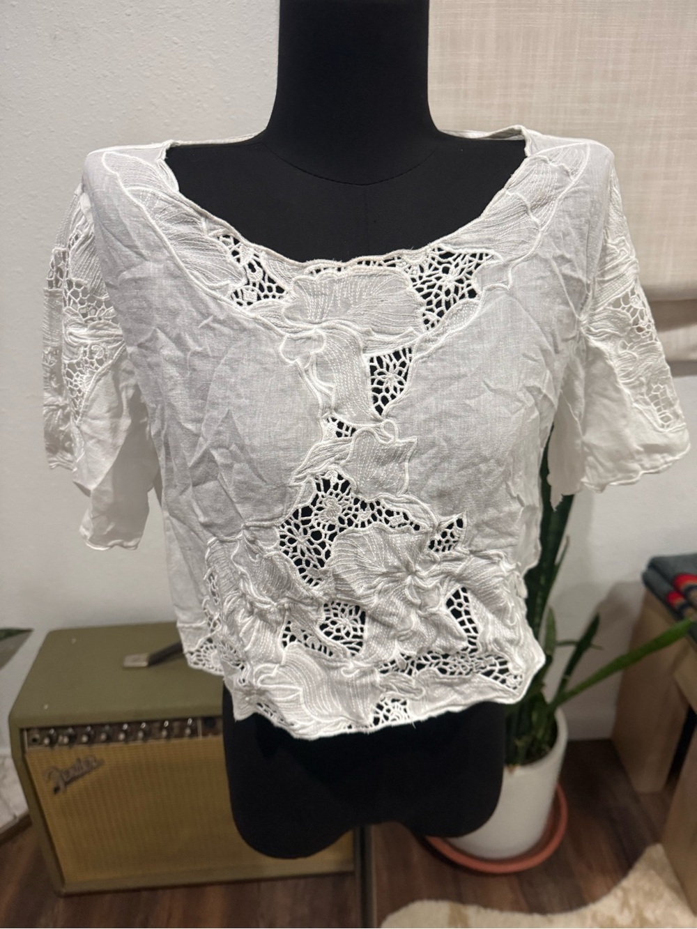 Brandy Melville White Crochet Floral Cutaway Crop Top